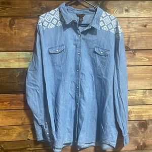 Denim Button Up Shirt with Aztec Print.